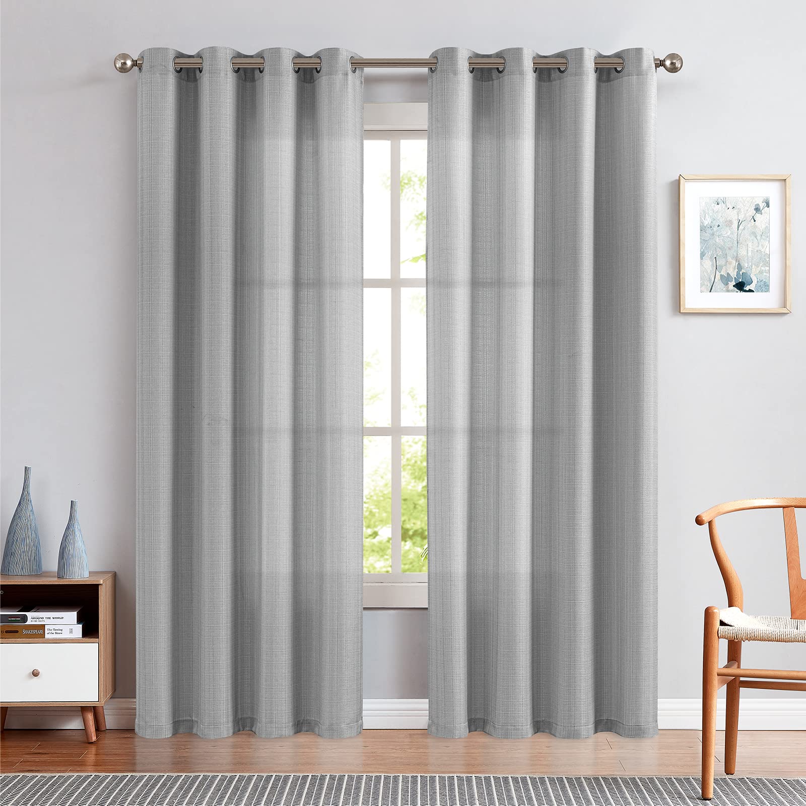 Jinchan Curtains Linen Textured Casual Weave Curtains For Living Room Grey 90 Inches Long 2 Panels Curtains Grommet Top Light Filtering Window Drapes Panels For Bedroom Curtains Heathered Gray